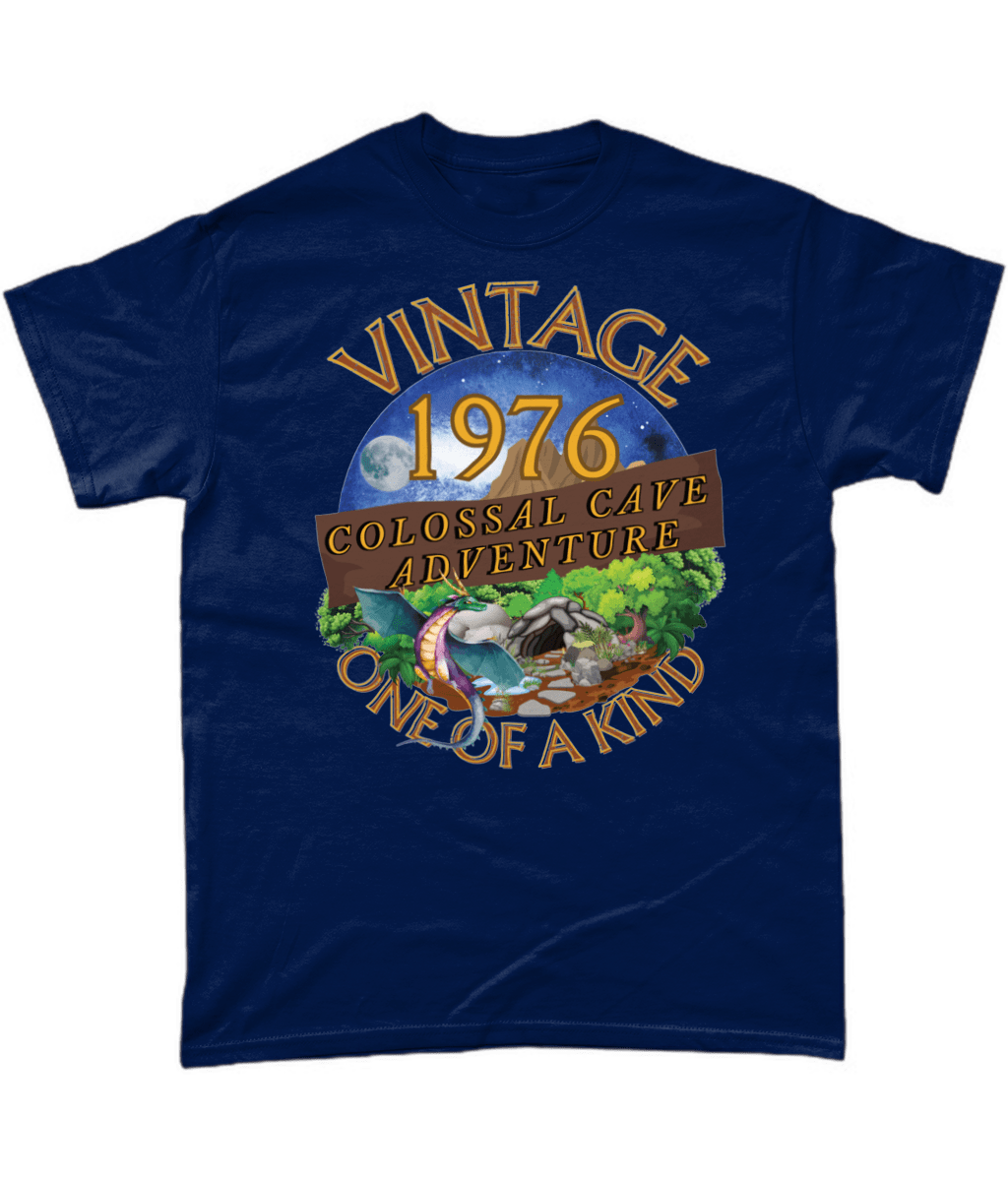 Navy T-Shirt with words vintage,1976,colossal cave adventure,one of a kind,circular picture of a dragon,cave and woodland,night sky