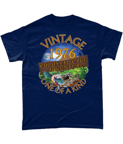 Navy T-Shirt with words vintage,1976,colossal cave adventure,one of a kind,circular picture of a dragon,cave and woodland,night sky