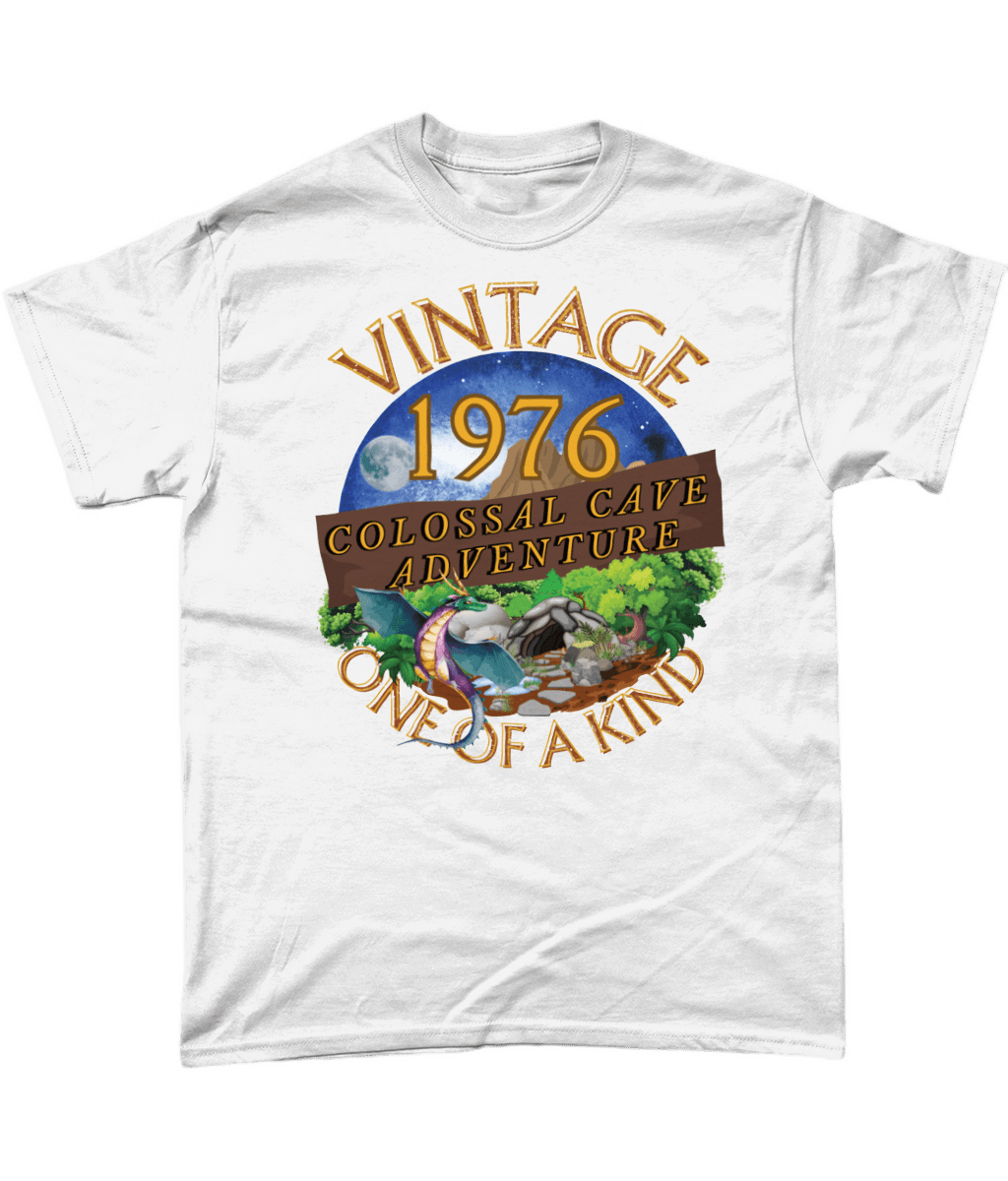 White T-Shirt with words vintage,1976,colossal cave adventure,one of a kind,circular picture of a dragon,cave and woodland,night sky