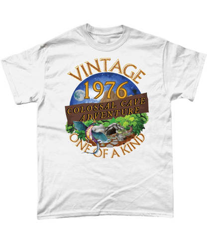 White T-Shirt with words vintage,1976,colossal cave adventure,one of a kind,circular picture of a dragon,cave and woodland,night sky