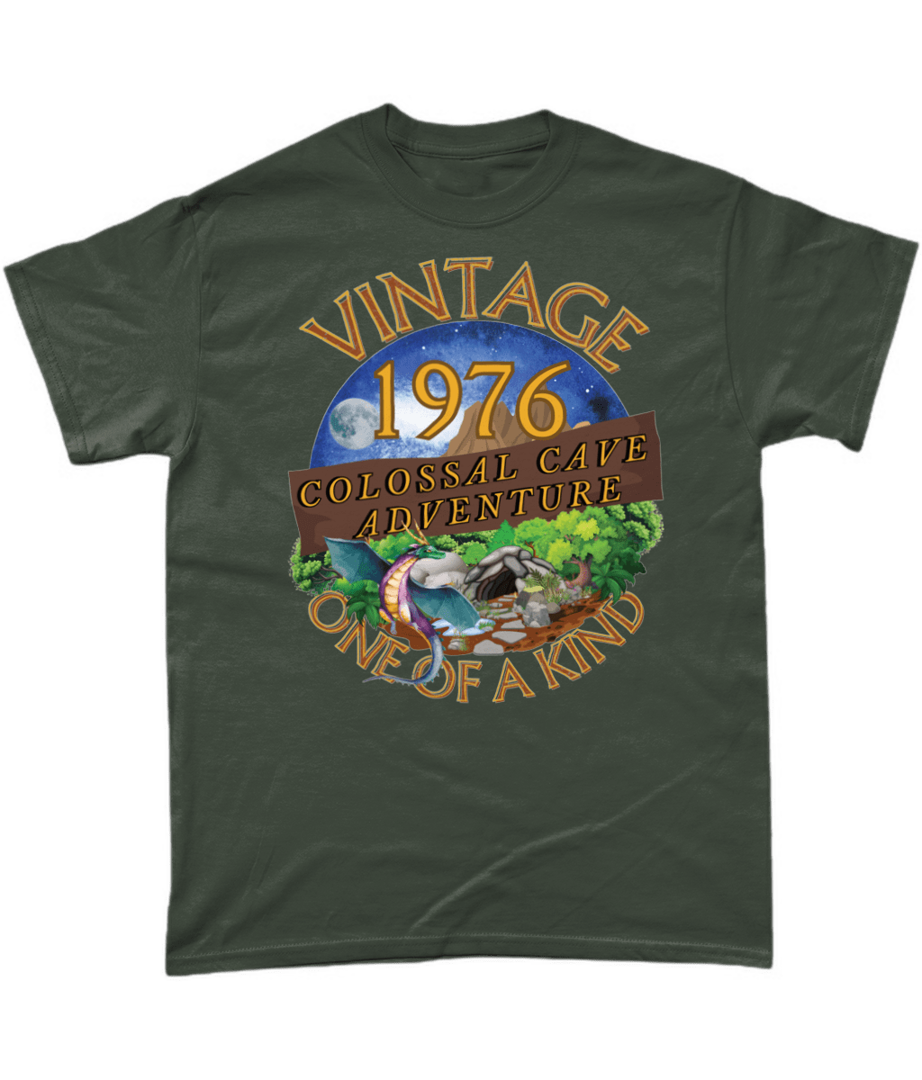 Green T-Shirt with words vintage,1976,colossal cave adventure,one of a kind,circular picture of a dragon,cave and woodland,night sky