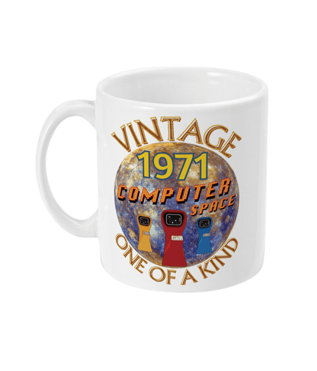 White mug with the words vintage,1971,computer space,one of a kind,large earth, 3 computer space arcade game machines