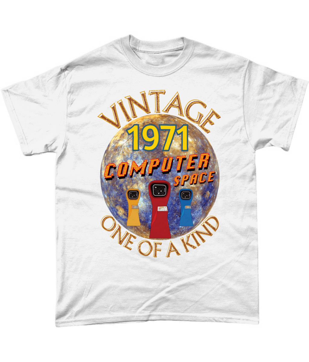White T-Shirt with the words vintage,1971,computer space,one of a kind,large earth, 3 computer space arcade machines