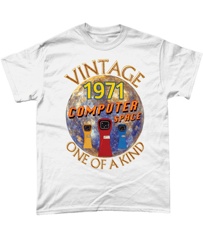 White T-Shirt with the words vintage,1971,computer space,one of a kind,large earth, 3 computer space arcade machines