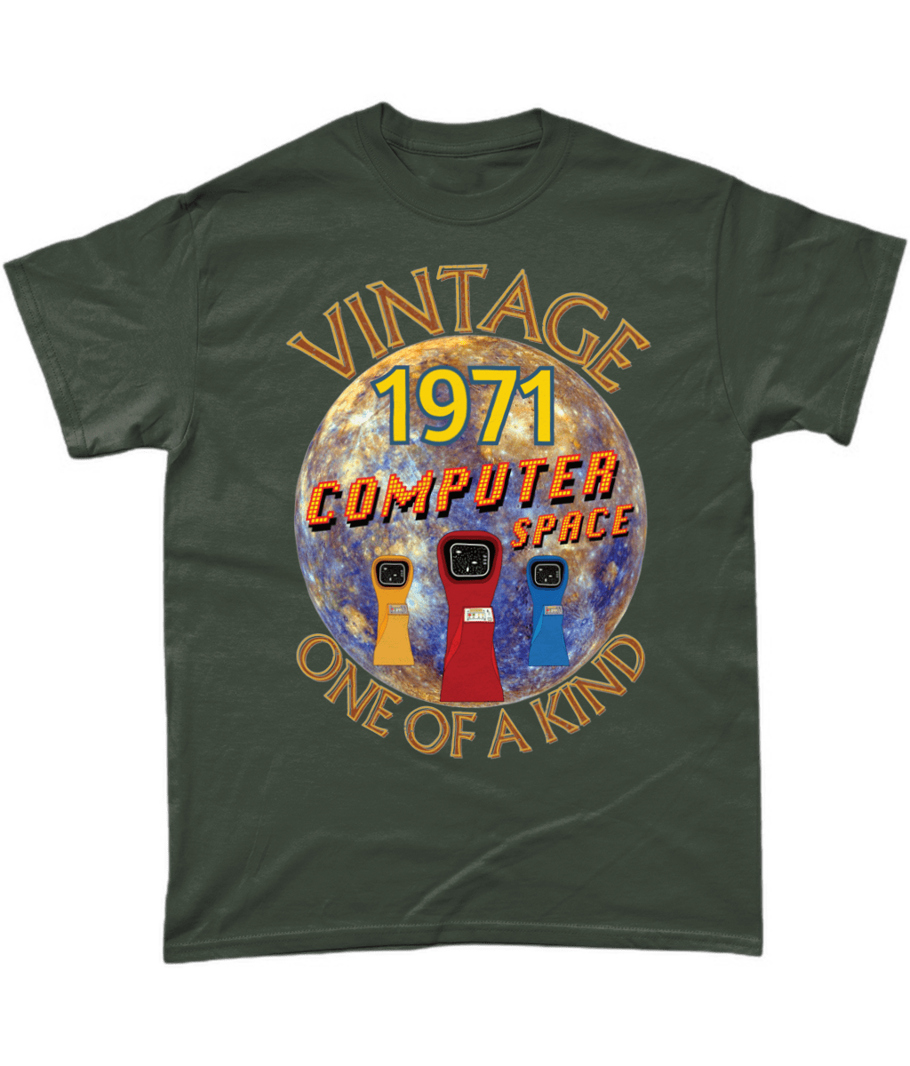 Green T-Shirt with the words vintage,1971,computer space,one of a kind,large earth, 3 computer space arcade machines