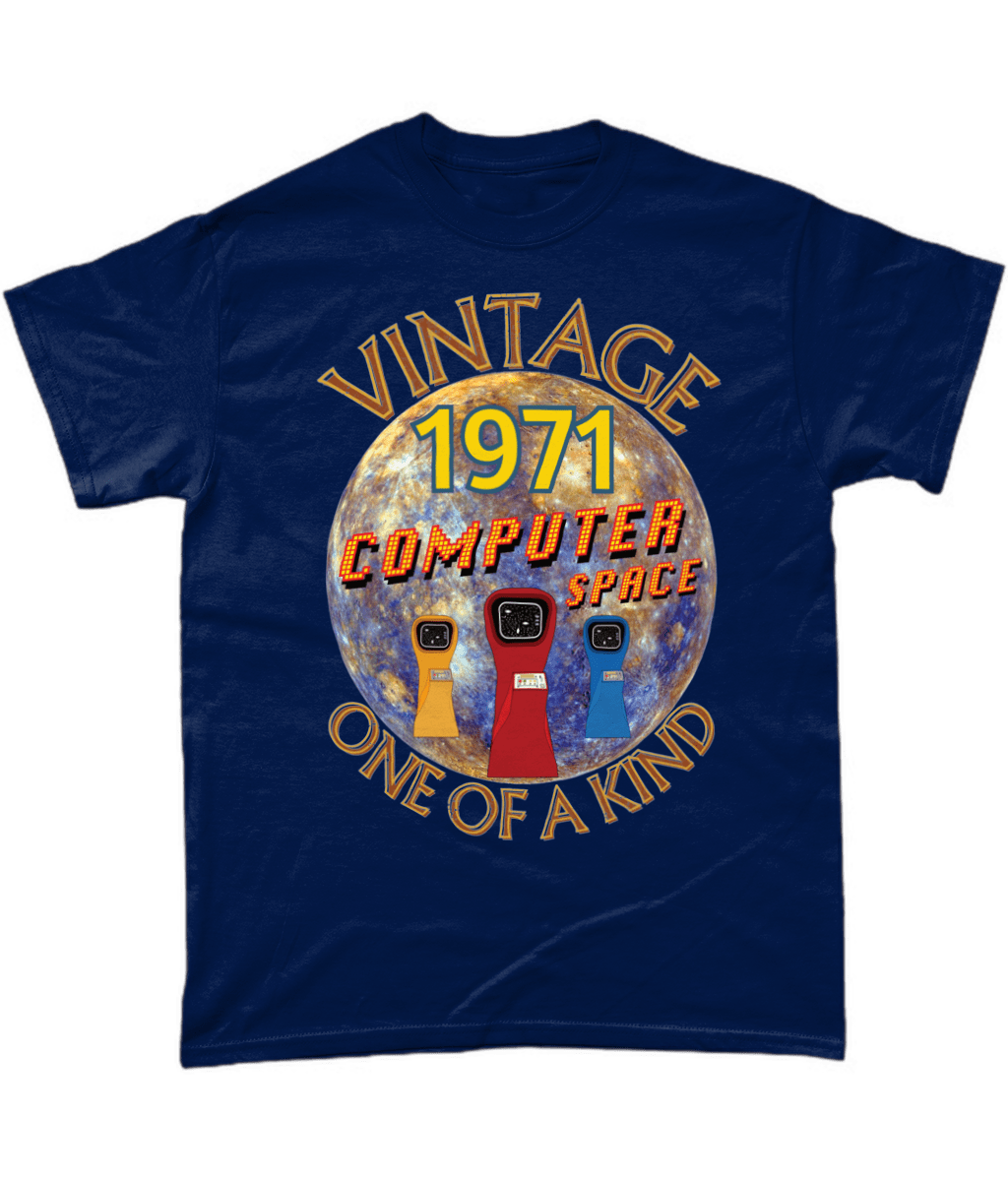 Navy T-Shirt with the words vintage,1971,computer space,one of a kind,large earth, 3 computer space arcade machines