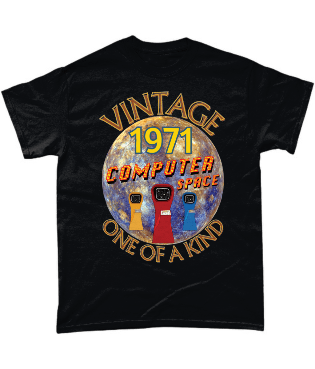 Black T-Shirt with the words vintage,1971,computer space,one of a kind,large earth, 3 computer space arcade machines