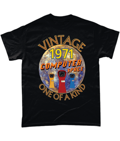 Black T-Shirt with the words vintage,1971,computer space,one of a kind,large earth, 3 computer space arcade machines