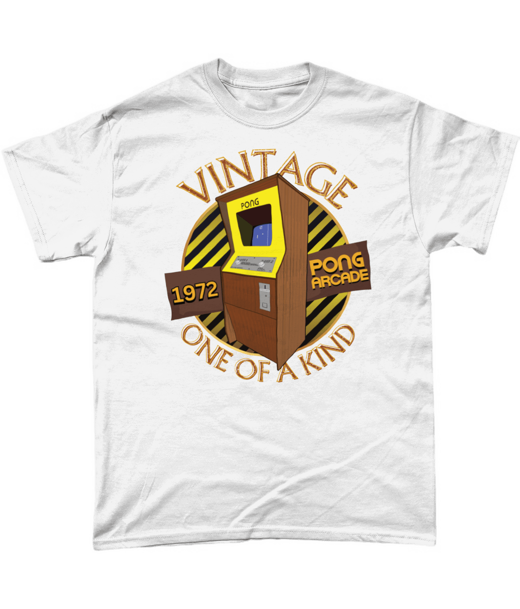 White T-Shirt with words vintage,1972,pong arcade,one of a kind, image of a pong arcade machine in front of a yellow striped circle