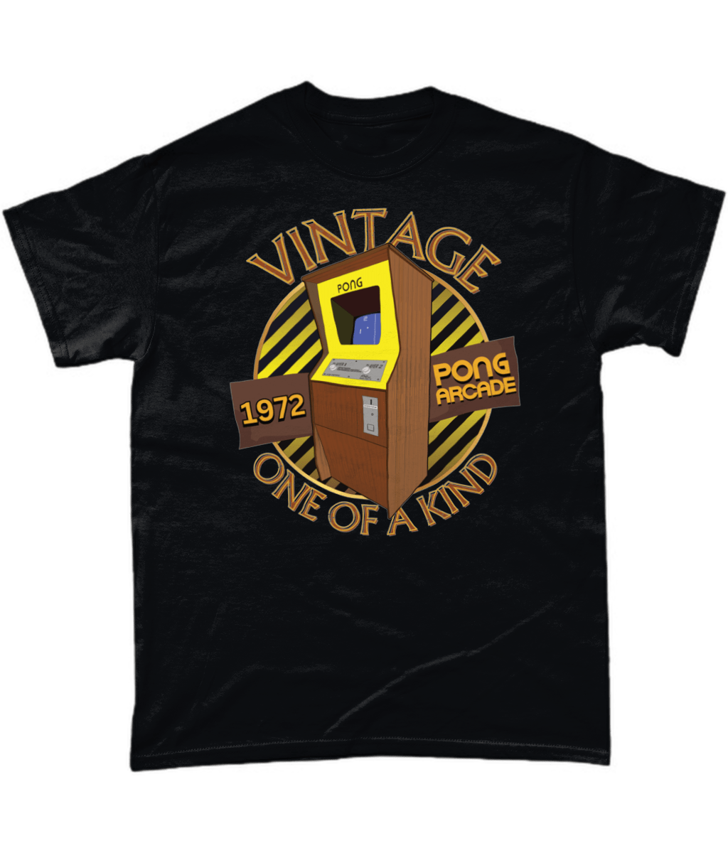 Black T-Shirt with words vintage,1972,pong arcade,one of a kind, image of a pong arcade machine in front of a yellow striped circle
