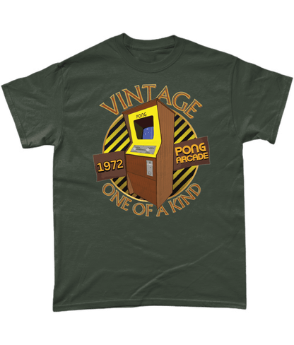 Green T-Shirt with words vintage,1972,pong arcade,one of a kind, image of a pong arcade machine in front of a yellow striped circle