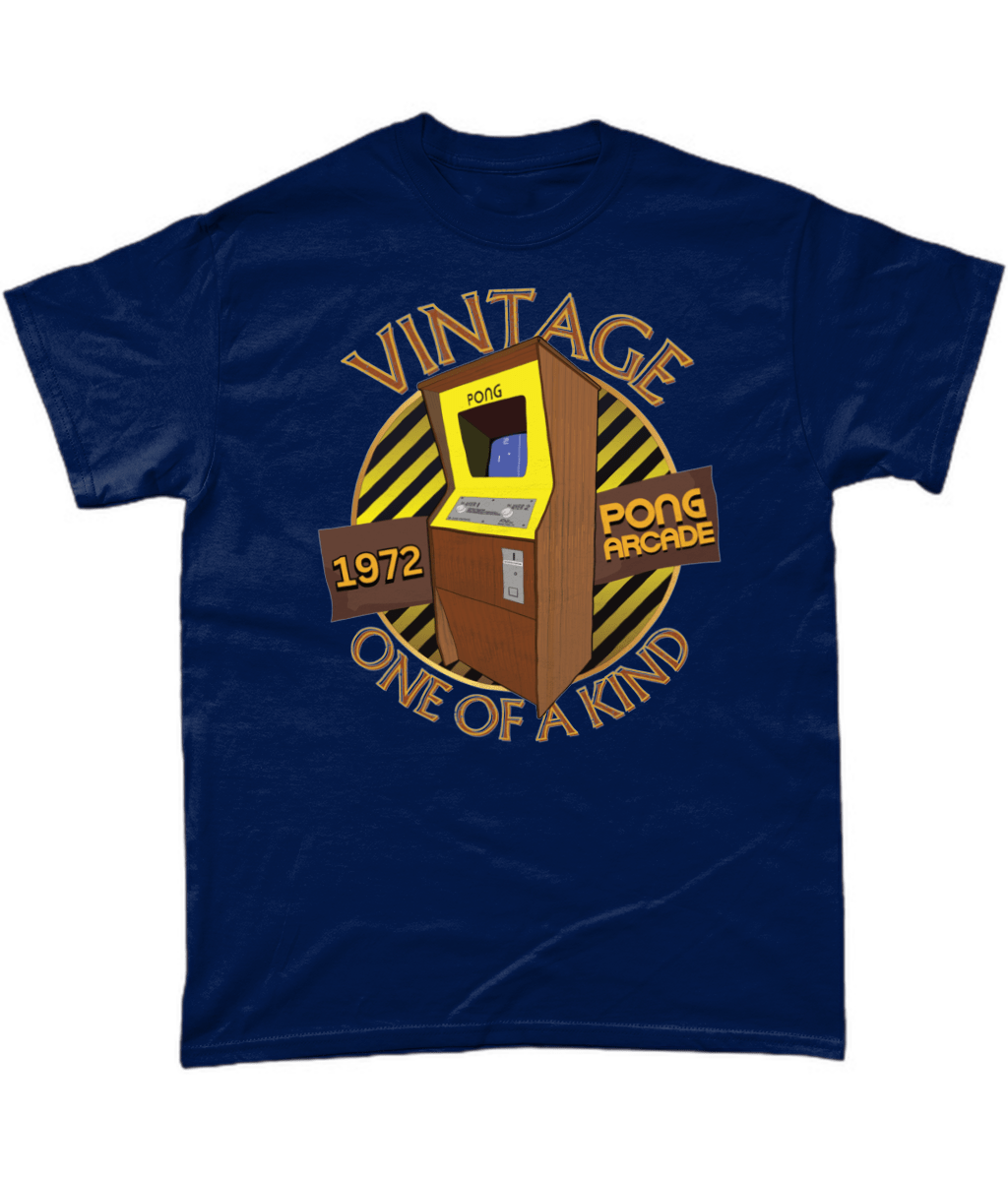 Navy T-Shirt with words vintage,1972,pong arcade,one of a kind, image of a pong arcade machine in front of a yellow striped circle