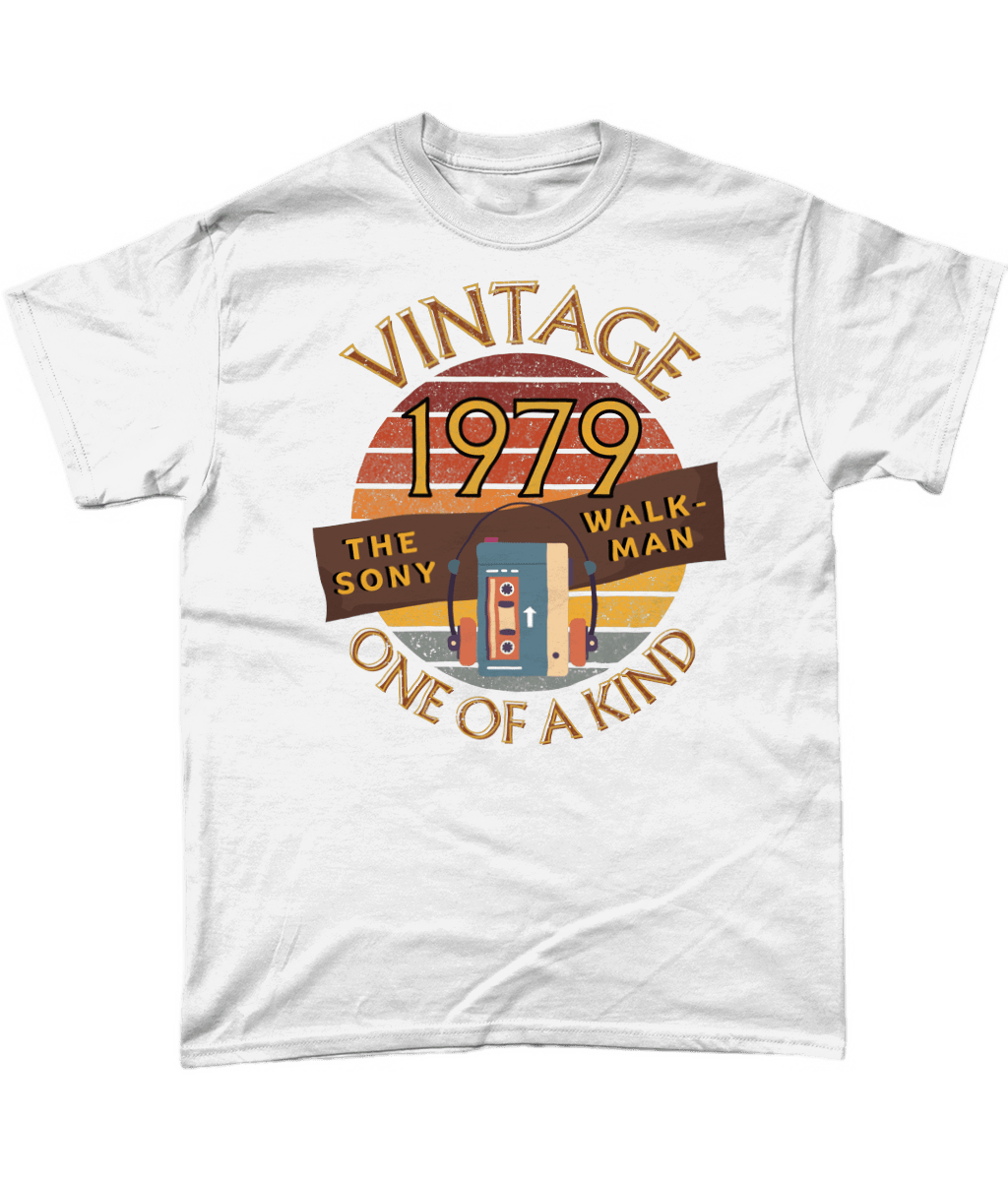 White T-Shirt with words vintage,1979, sony walkman,one of a kind, image of the original TPS-L2 model in front of a brown distressed sunset