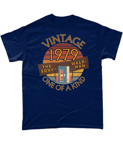 Navy T-Shirt with words vintage,1979,sony walkman,one of a kind, image of the original TPS-L2 model in front of a brown distressed sunset