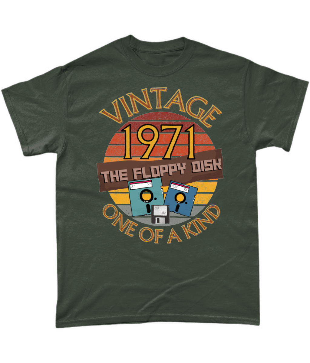 Green T-Shirt with the words vintage,1971,the floppy disk ,one of a kind, 3 different types of floppy disk,8,5.25,3.5 inch